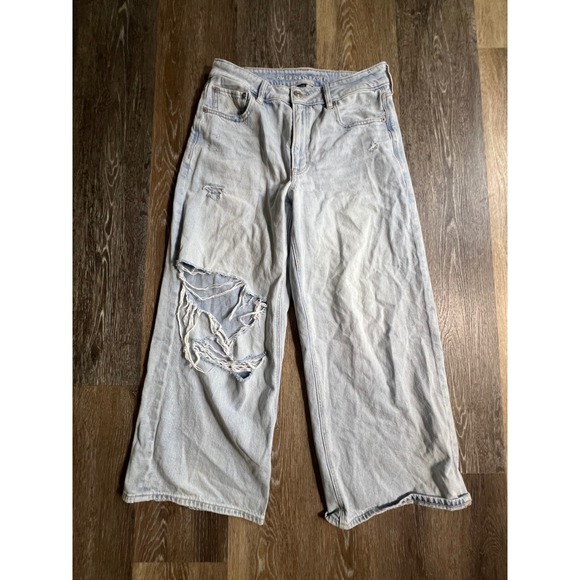 American Eagle Denim - American Eagle Baggy Wide Leg Ankle Jeans Women 6 Short Light Wash Distressed